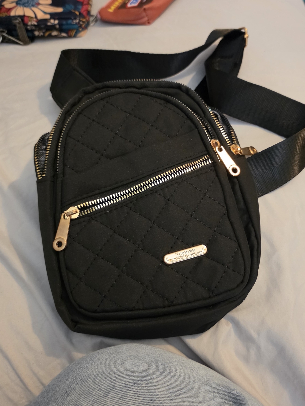 Quilted Crossbody Sling Bag with Gold Hardware - Black